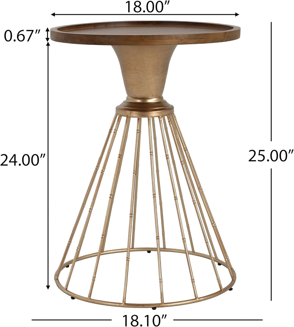 Merax 18" Hollow Edge End Table, Retro Art Pine Round Side Table, Iron Frame Side Desk with Wooden Concave Tabletop for Living Room Bedroom, Antique Gold