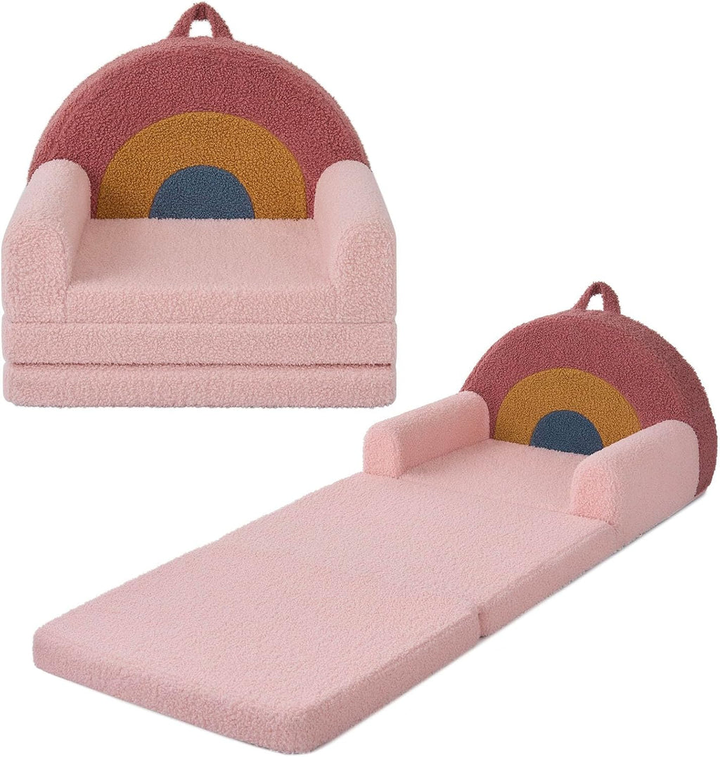 Blissful Diary Foldable Kids Couch, 2-in-1 Comfy Kids Chair for Reading, Playroom, Kids Couch Sofa for Girls Boys Birthday Gift, Blush Rainbow