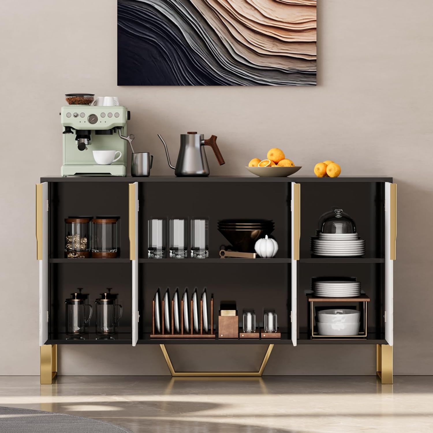 homary Buffet Sideboard Cabinet with Storage – 59" Modern Kitchen Server Table with 4 Doors & Adjustable Shelves, Stainless Steel Frame for Dining Room, Living Room, Entryway