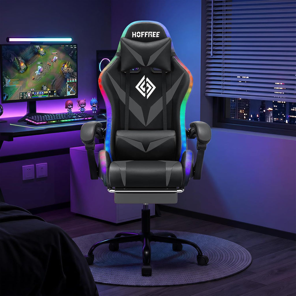 RGB Gaming Chair with LED Lights Massage Ergonomic Game Chairs for Adults High Back Reclining Computer Chair with Footrest Video Game Chair Lumbar Support Racing Style Gamer Chair Grey and Black