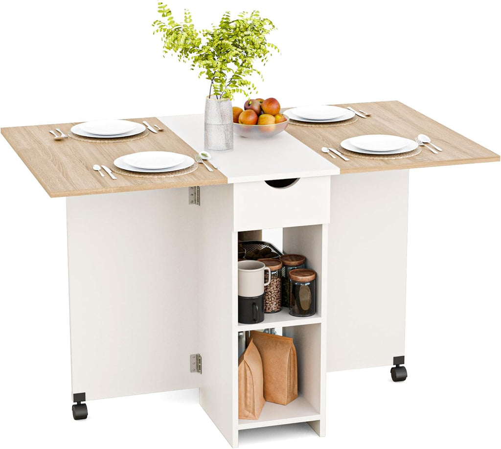 Folding Dining Table, Drop Leaf Table for Small Space with Drawer and Open Storage Shelves, Modern Rectangular Kitchen Dining Table, 47.2" L x 28.3" W (Oak & White)