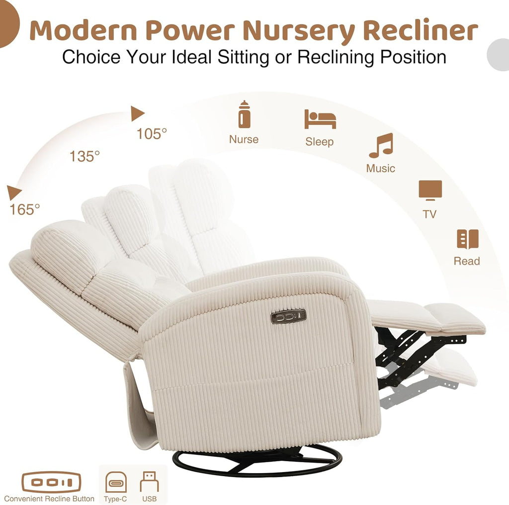 Power Swivel Rocker Recliner, Upholstered Glider Recliner Nursery Chair with Type-C & USB Port, Swivel Rocking Nursery Recliners with Double Pockets for Living Room Bedroom, Corduroy Cream White