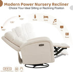 Power Swivel Rocker Recliner, Upholstered Glider Recliner Nursery Chair with Type-C & USB Port, Swivel Rocking Nursery Recliners with Double Pockets for Living Room Bedroom, Corduroy Cream White