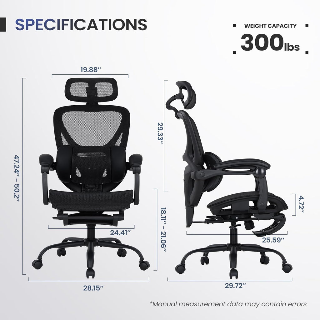 MALOL Ergonomic Mesh Office Chair with Footrest, Executive High Back Computer Desk Chair with 3D Adjustable Headrest & 5-Level Lumbar Support, Reclining Tilt Lock, 3D Arms, 300LBS Capacity, Black