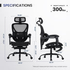 MALOL Ergonomic Mesh Office Chair with Footrest, Executive High Back Computer Desk Chair with 3D Adjustable Headrest & 5-Level Lumbar Support, Reclining Tilt Lock, 3D Arms, 300LBS Capacity, Black