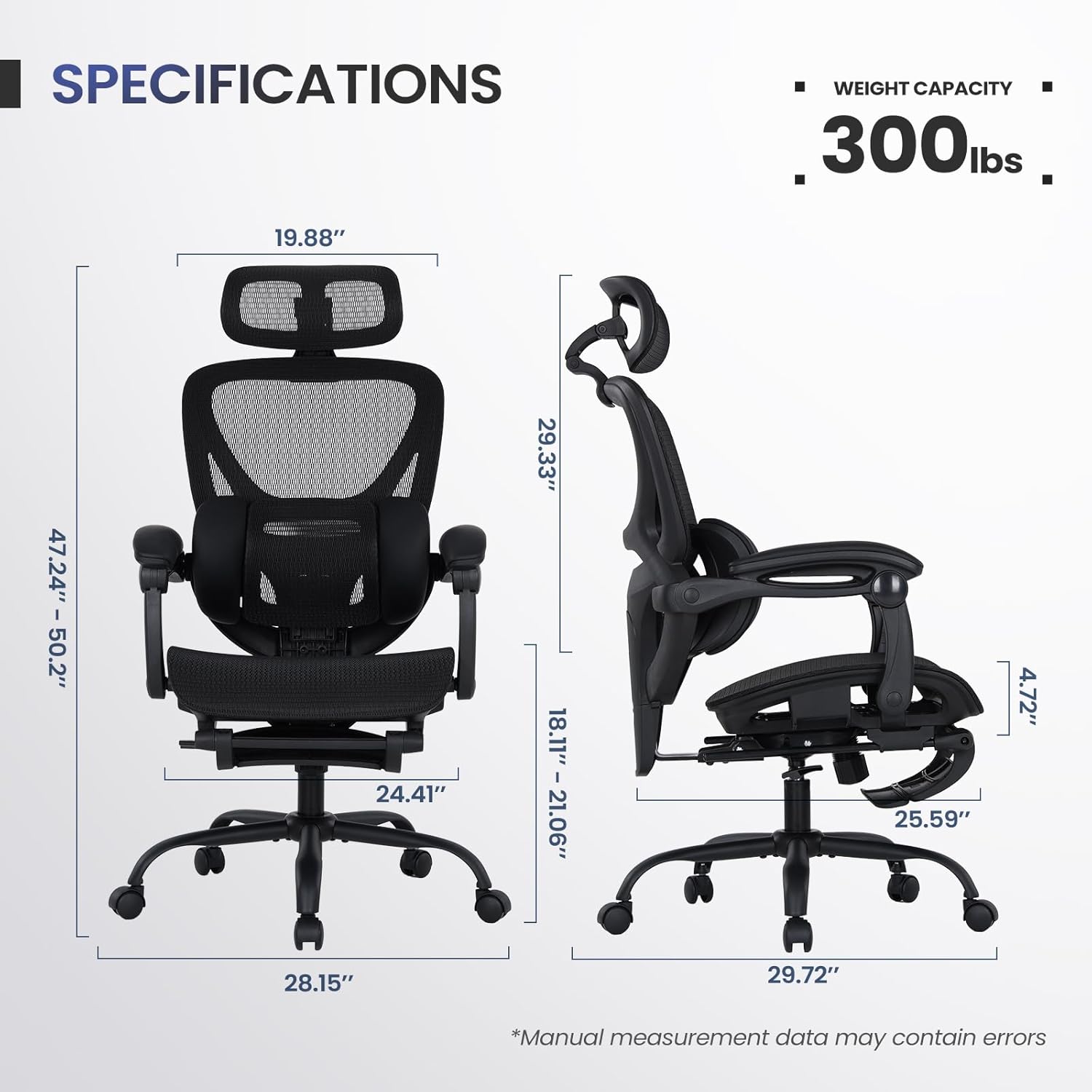 MALOL Ergonomic Mesh Office Chair with Footrest, Executive High Back Computer Desk Chair with 3D Adjustable Headrest & 5-Level Lumbar Support, Reclining Tilt Lock, 3D Arms, 300LBS Capacity, Black