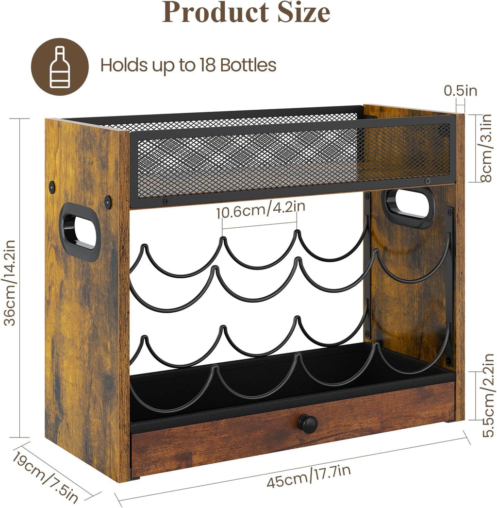 3-Tier Countertop Wine Rack, Coffee Syrup Rack Organizer With Drawer for Coffee Bar, Tabletop Liquor Bottle Display Shelf for Home Kitchens, Restaurants and Bar Counters, Holds up to 18 Bottles