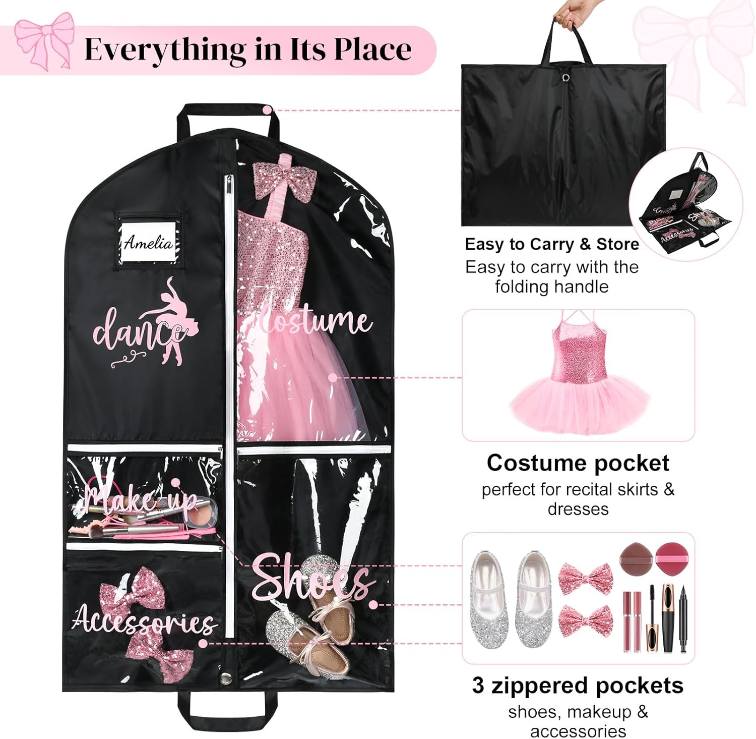 DEEKA 2 Pack Dance Garment Bag for Hanging Clothes with Zipper Pockets Dance Accessories Essentials Uniform Costume 40 Inch Dress Bags for Dance Competition Girls (Black,Pink)