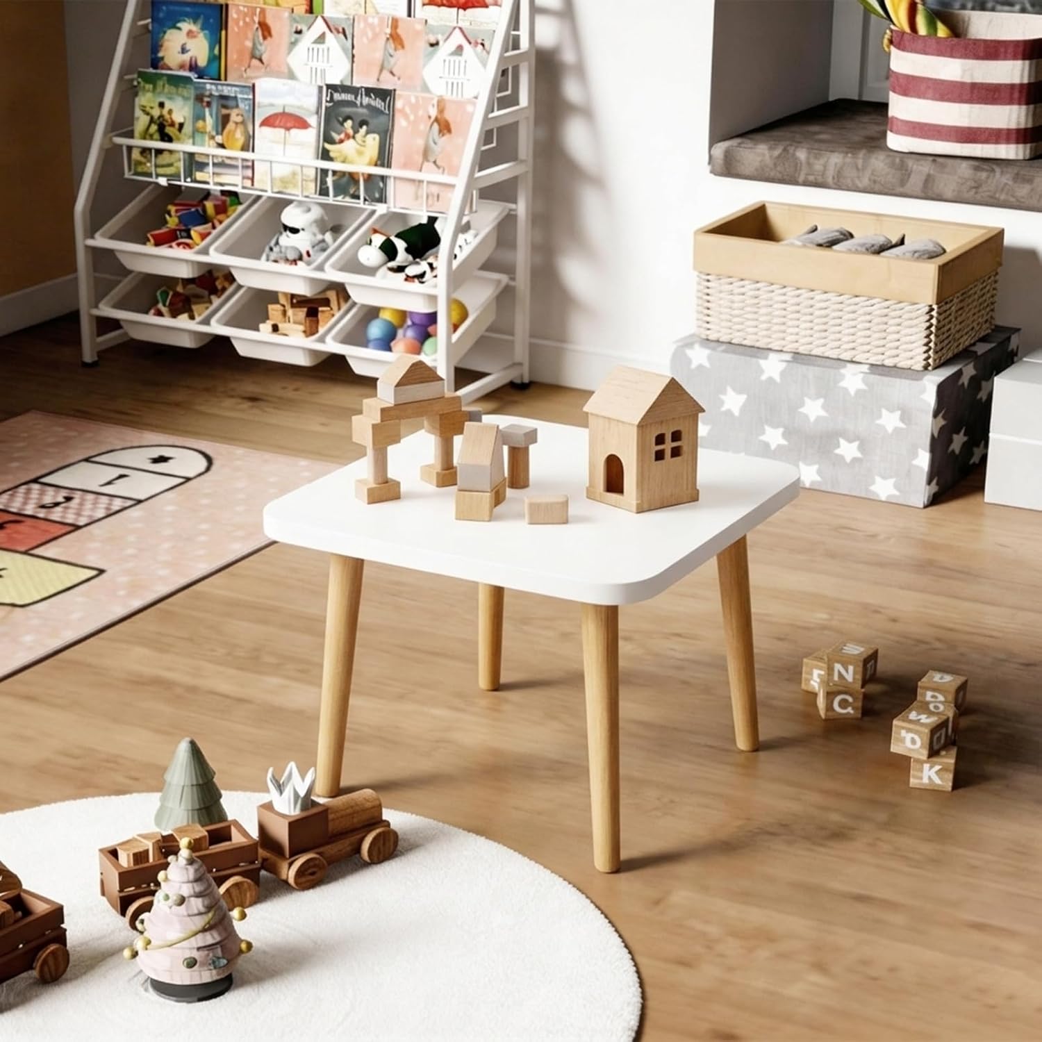 Funecy Square End Table Low Table with 4 Solid Wood Sturdy Legs,Floor Table Desk for Sitting on The Floor,20"(L) x 20"(W) x 20"(H),Living Room/Toy Room Furniture,Rental House Furniture(White)