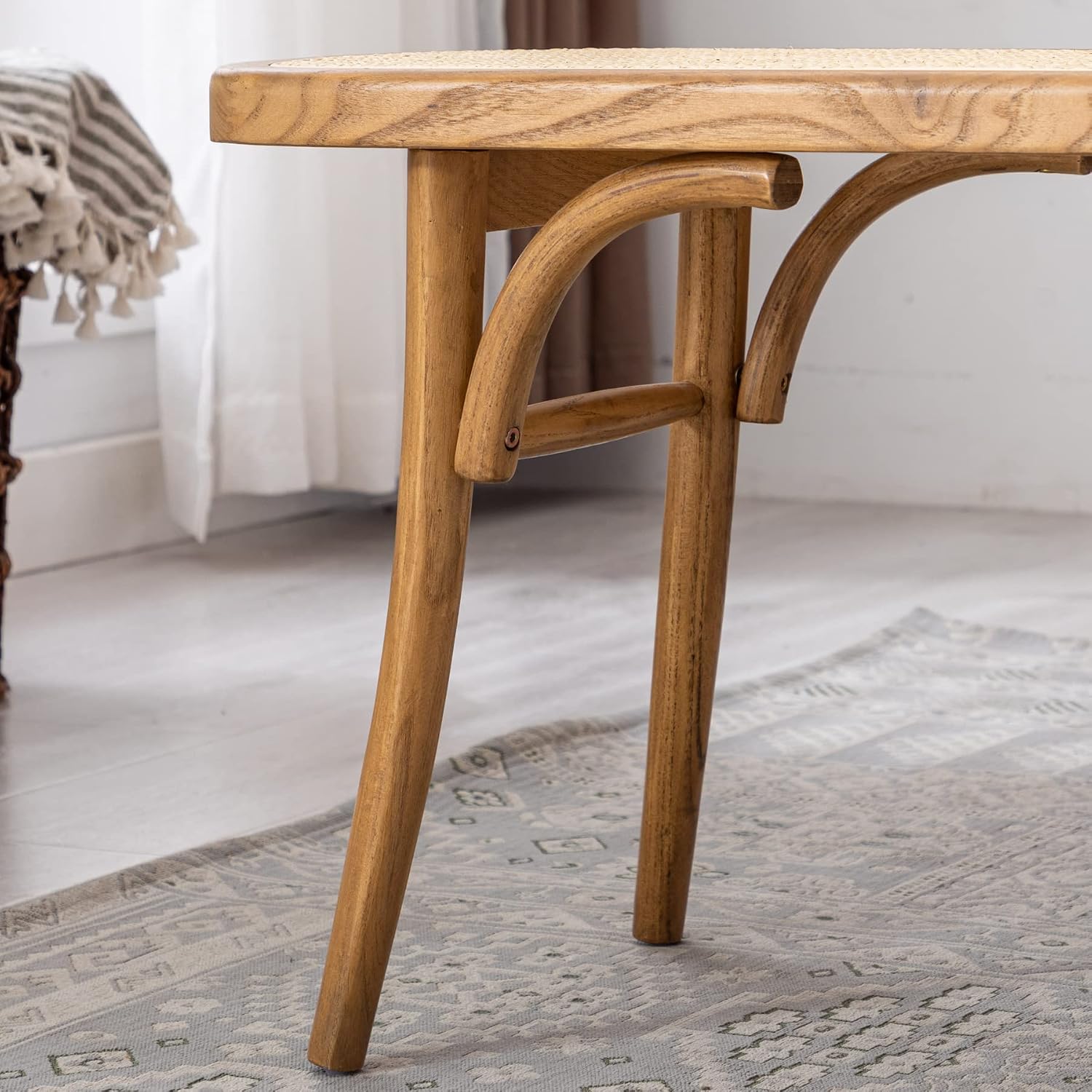 Farmhouse Wood Dining Bench with Rattan Seat, Boho Accent Bench for Entryway Bedroom End of Bed Kitchen Window Small Space