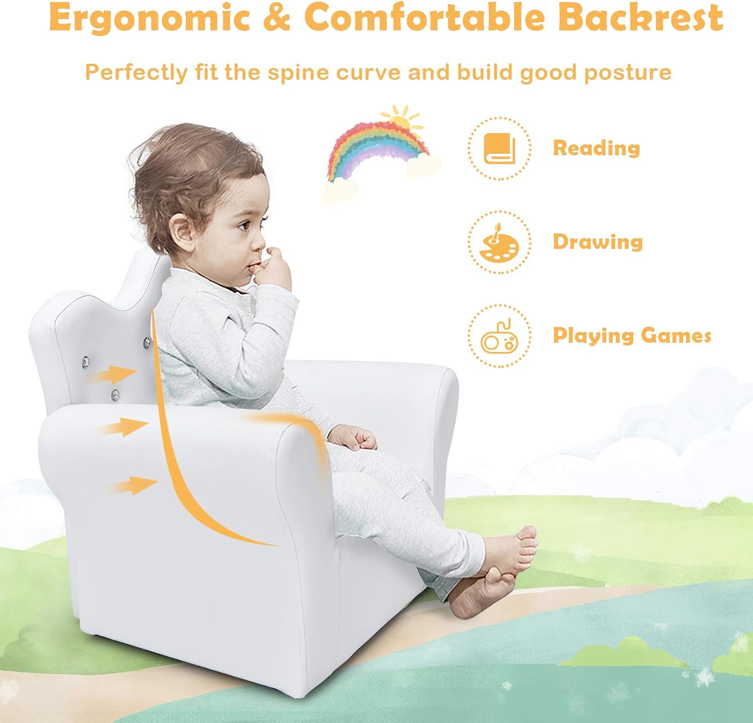 DREAMADE Kids Sofa with Ottoman, Crown-Like Kids Couch w/Comfy Armrests, Sturdy Wood Structure, PVC Leather Surface & Crystal Decoration, Toddler Chair with Footstool, Ideal for Princess 3-5 (White)
