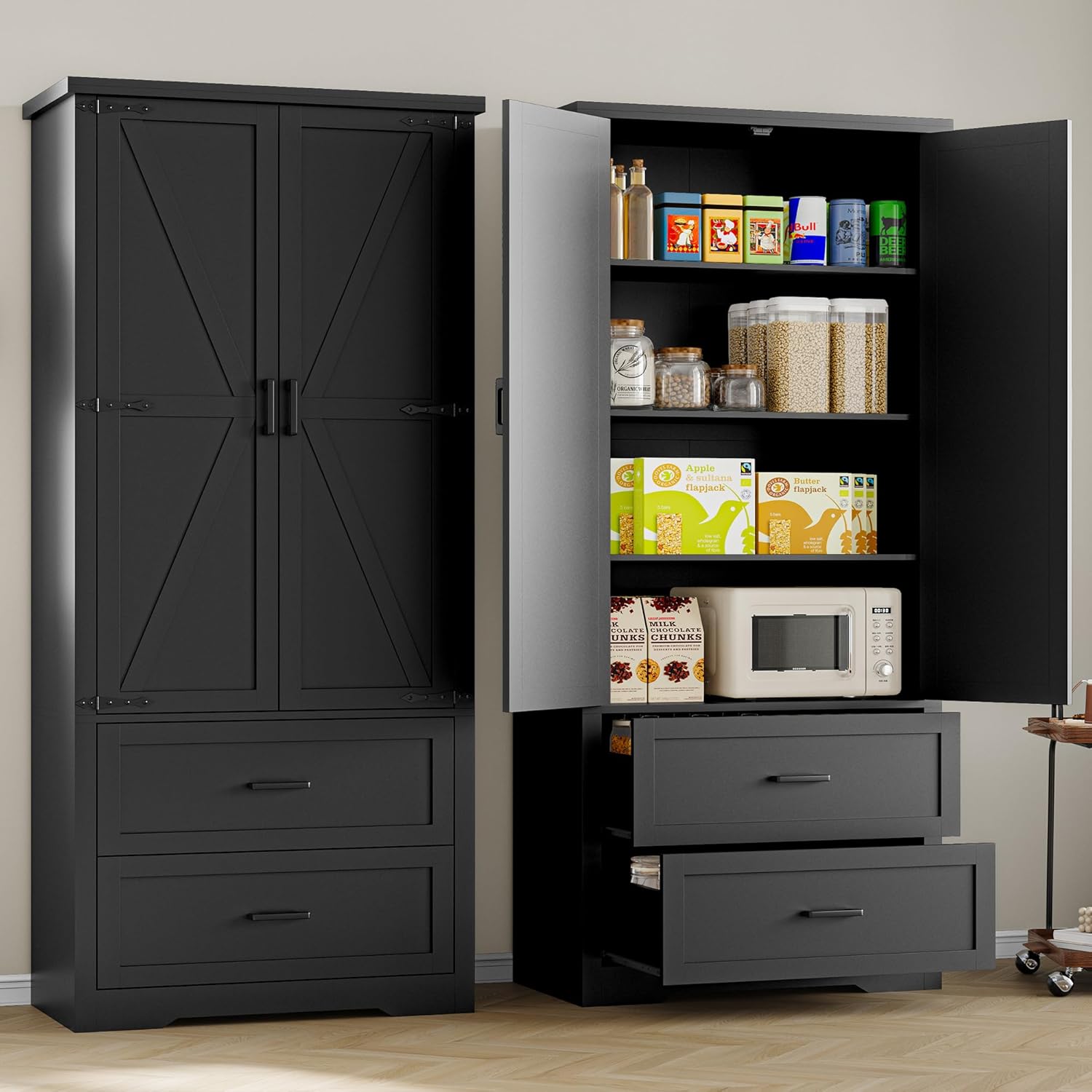 BORNOON Pantry Organizers and Storage Cabinet, 71” Barn Door White Kitchen Cabinet with Drawers and Adjustable Shelf, Tall Pantry for Kitchen, Dining Room, Living Room. Bathroom and Office