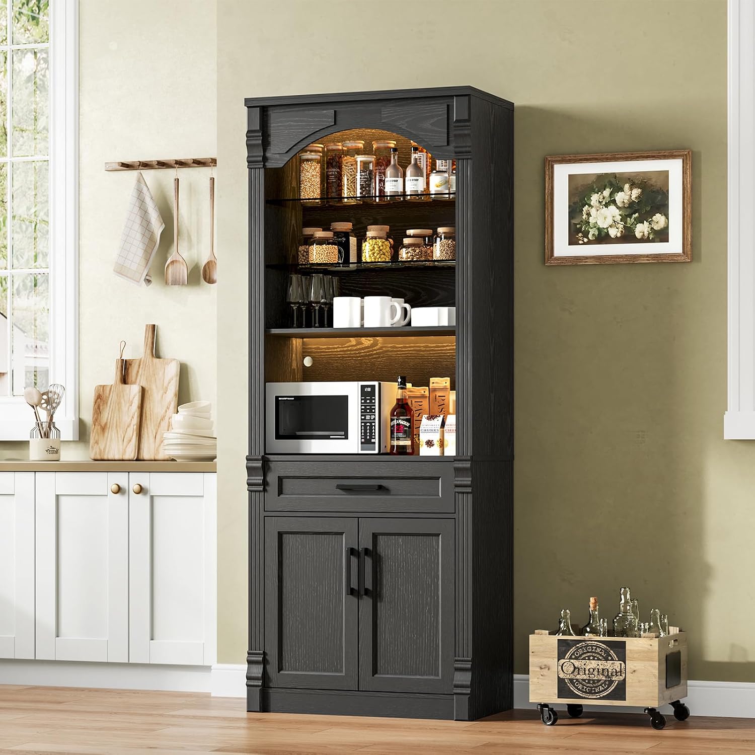 Rresyet 70.9" Tall Kitchen Pantry Storage Cabinet, Modern Kitchen Hutch Bar Cabinet with Lights, Freestanding Food Pantry with Adjustable Shelves and Drawer (Black)