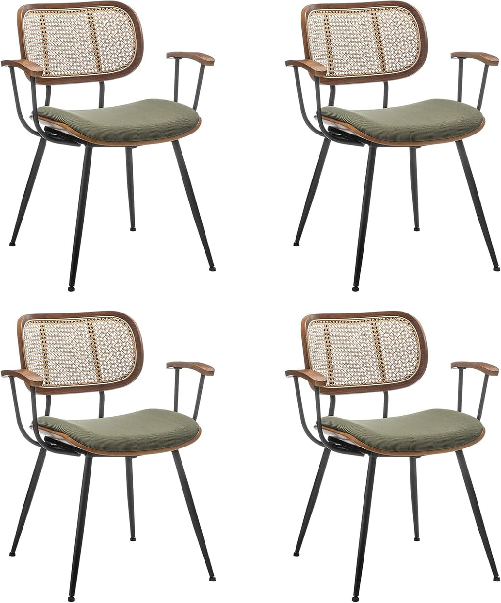 Rattan Dining Room Chairs Set of 4,Mid Century Modern Kitchen Side Chair,Metal Legs Desk Chair,Green Corduroy Fabric Upholstered Accent Chair with Arms and Rattan Backrest