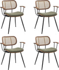 Rattan Dining Room Chairs Set of 4,Mid Century Modern Kitchen Side Chair,Metal Legs Desk Chair,Green Corduroy Fabric Upholstered Accent Chair with Arms and Rattan Backrest