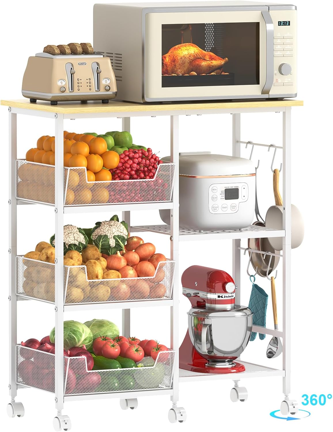 Rolling Kitchen Storage Microwave Cart & Kitchen Island on Wheels, Adjustable Shelf, Lockable Wheels, 27.75" L × 15.35" W, Bakers Rack Microwave Stand with Tilt-Out Baskets, Kitchen, Coffee Bar, White