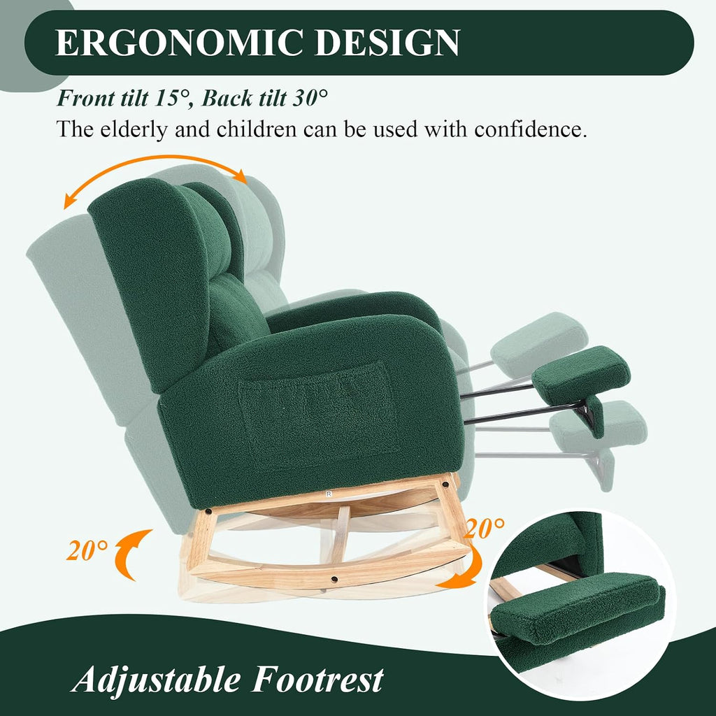 NIOIIKIT Nursery Rocking Chair with Footrest, Teddy Upholstered Glider Chair, Nursery Gliding Recliner with Side Pocket, Glider Rocker for Living Room (Green)