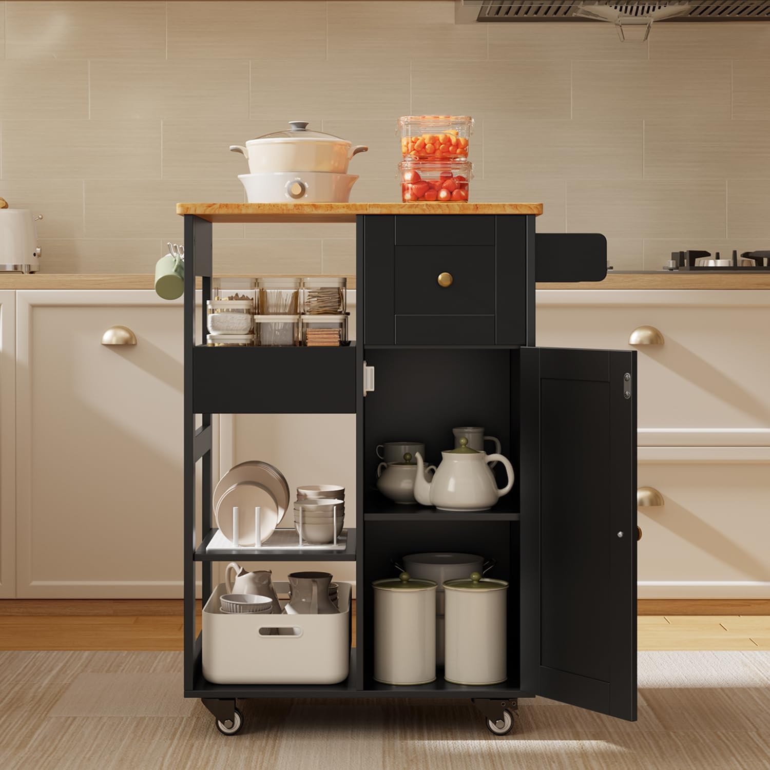 Gizoon Kitchen Island Cart on Wheels, with Thickened Wooden Countertop, Rolling Serving Utility Cart with Drawers and Doors, Bar Cart with Adjustable Shelf and Removable Tray for Dining Room, Black