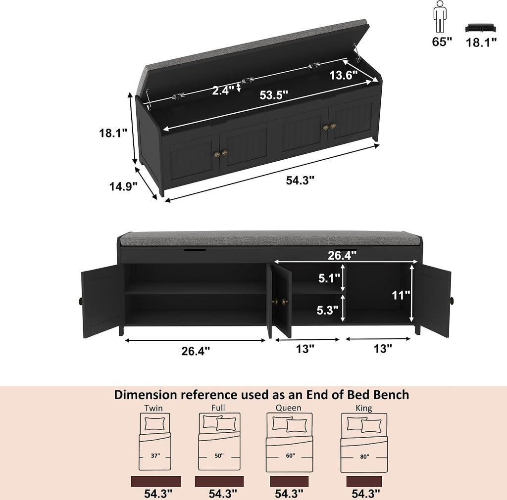 HOMEFORT 54.4" Shoe Bench with Lift Top Storage, Entryway Bench with Cushioned Seat, Wooden End of Bed Bench, Shoe Cabinet Bench with Hidden Storage Space, for Bedroom, Hallway,Black
