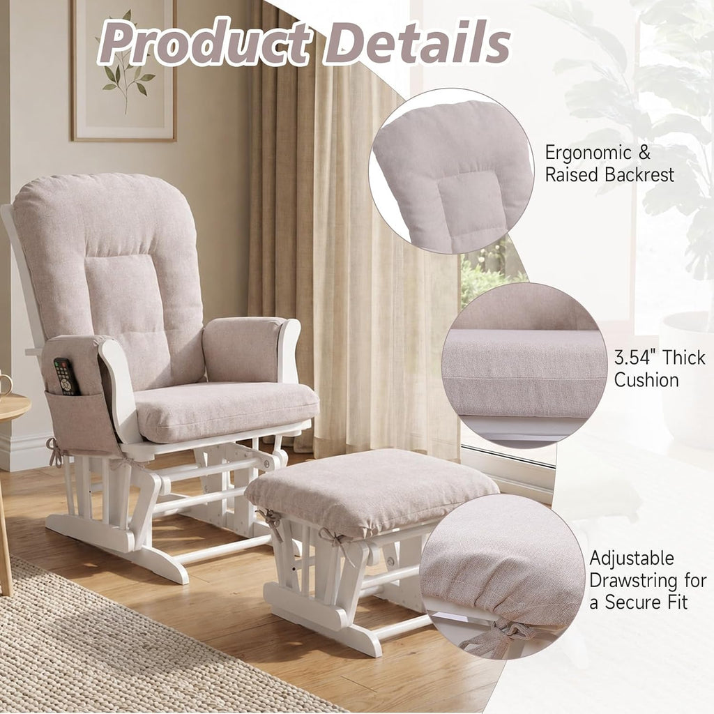 Boshen 5PCS Glider Rocker Replacement Cushions with Ottoman Cover, 3.5" Thick High Back Rocking Chair Cushion Set with Side Pockets for Indoor Nursery Glider Chair, Washable and Non Slip, Beige