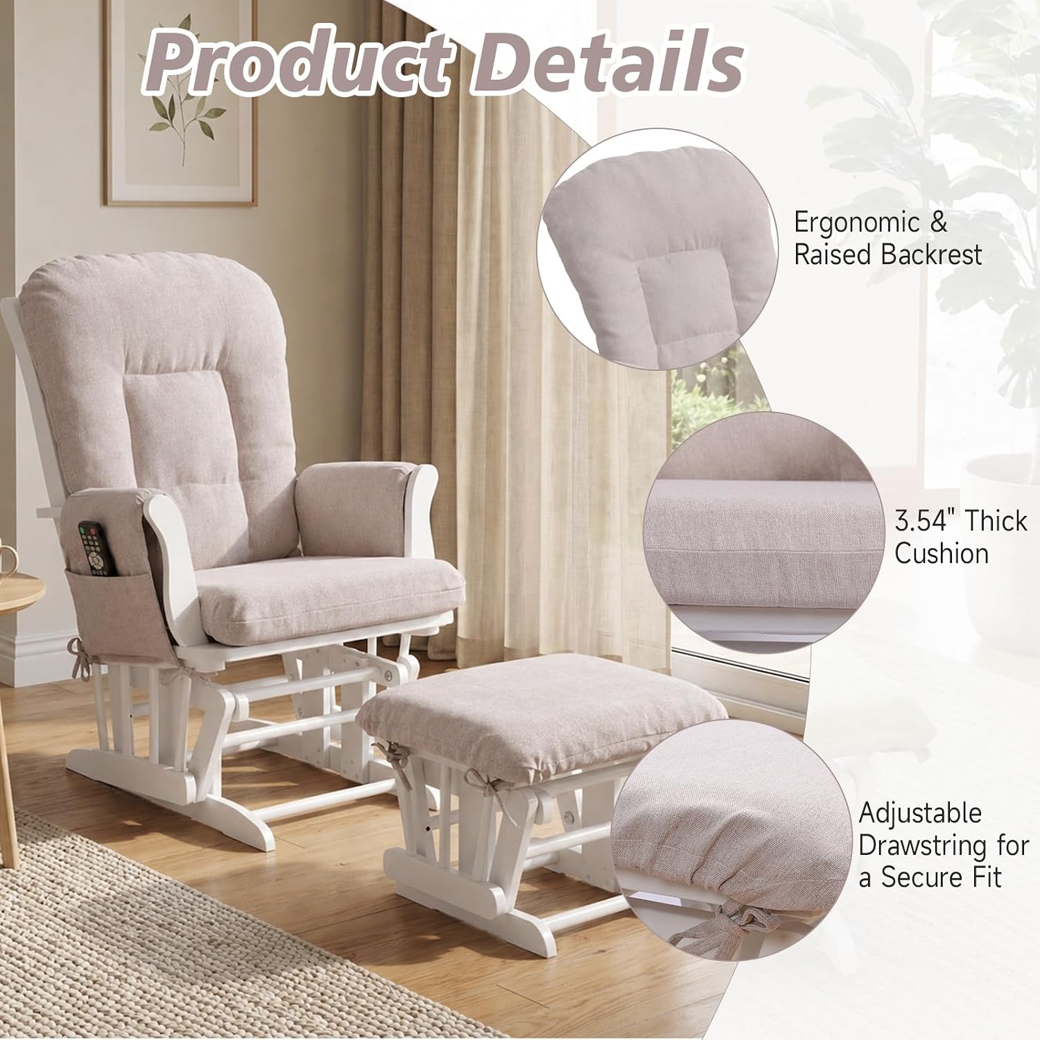 Boshen 5PCS Glider Rocker Replacement Cushions with Ottoman Cover, 3.5" Thick High Back Rocking Chair Cushion Set with Side Pockets for Indoor Nursery Glider Chair, Washable and Non Slip, Beige