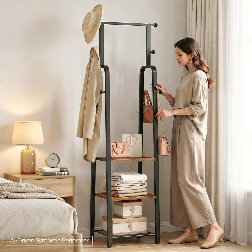 MAHANCRIS Coat Rack Freestanding, Hall Tree with 3-Shelves and 8 Hooks, Industrial Clothes Rack Stand Organizer for Entryway, Bedroom, Bags, Hats, Scarves, Rustic Brown and Black CRHR14901