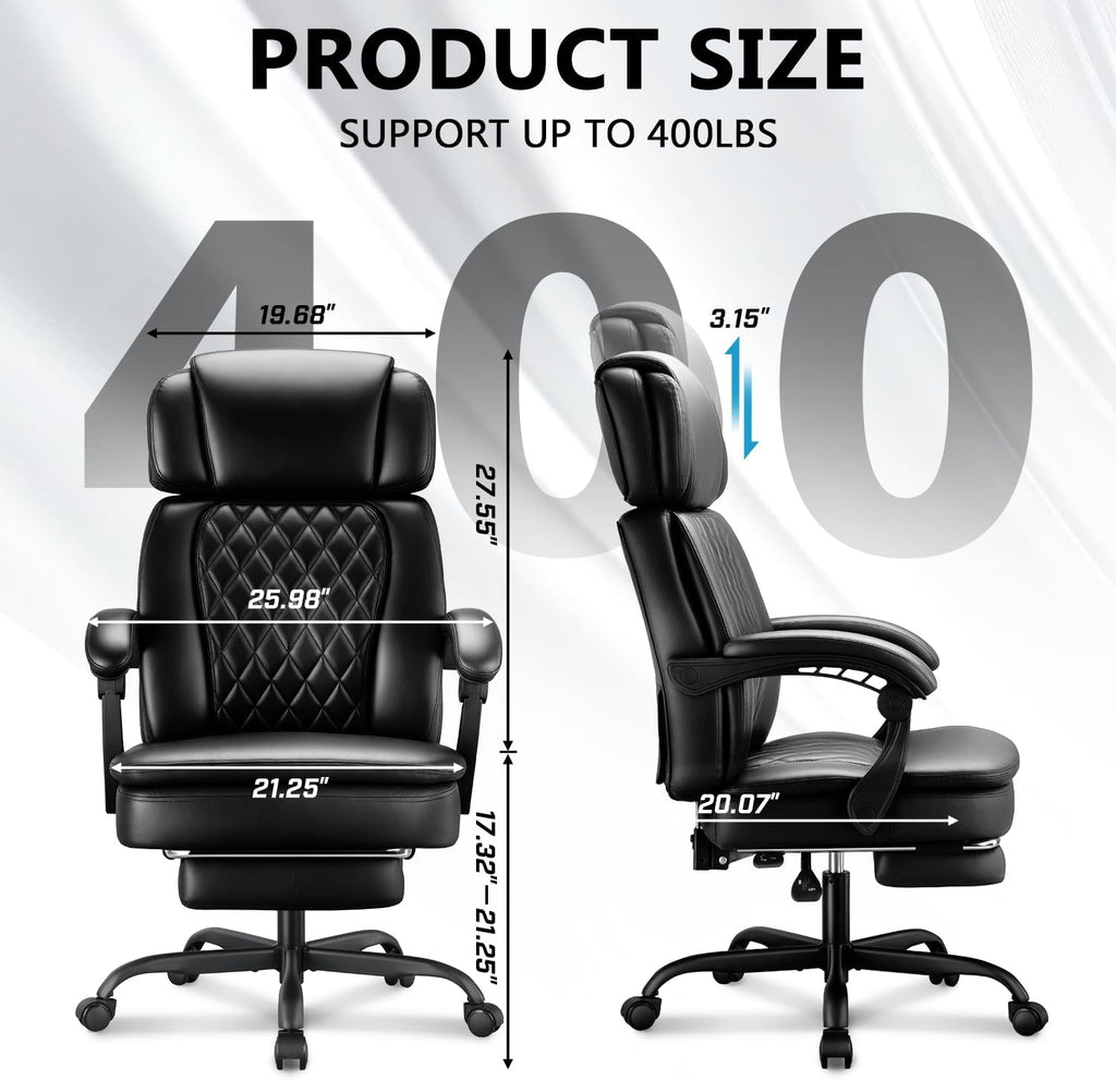 Executive High Back Home Office Chair with Foot Rest & Adjustable Headrest for Lower Back Pain Relief, Comfy Ergonomic Computer Desk Chair 400lb, Padded PU Leather Chair, Pocket Spring seat