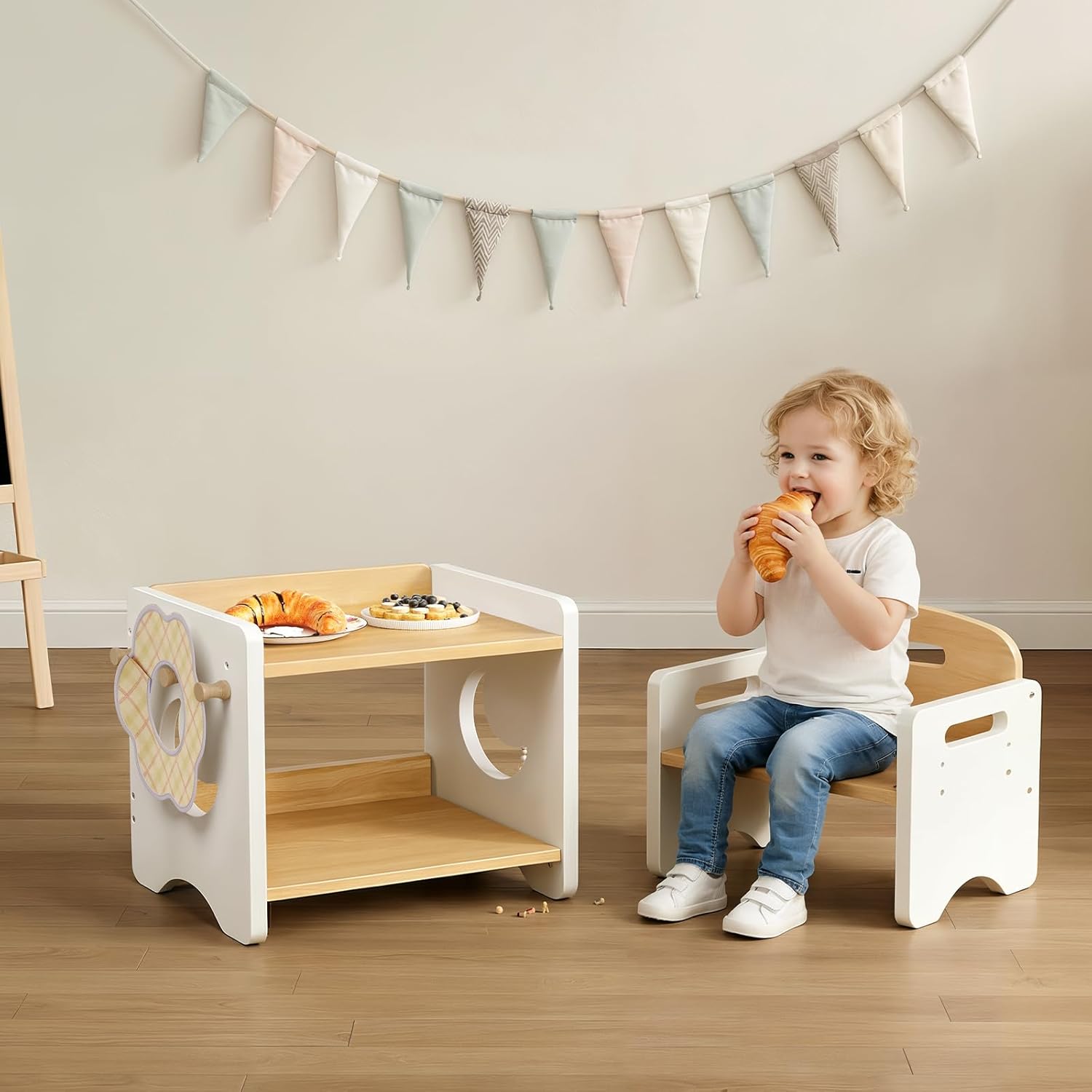HOOBRO Weaning Table and Chair Set, 3-Level Height Adjustable Chair for Ages 1-3, Wooden Baby Activity Furniture for Reading, Playing and Eating, Enlarge Desktop, Easy to Assemble, Natural WN03KT01