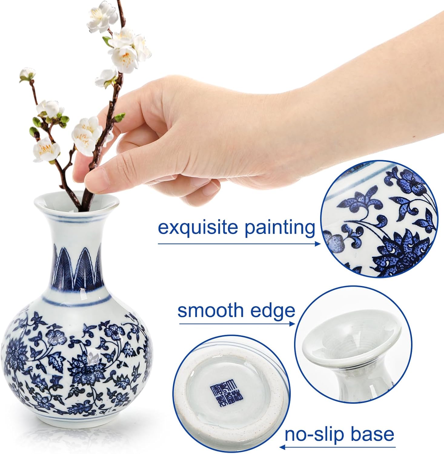 Yesland Small Blue and White Porcelain Vases Set of 3, 5 Inch Tall Mini Vintage Vase Chinoiserie Vases, Classic Decorative Bud Vases for Farmhouse Table Centerpiece, Flower Decor