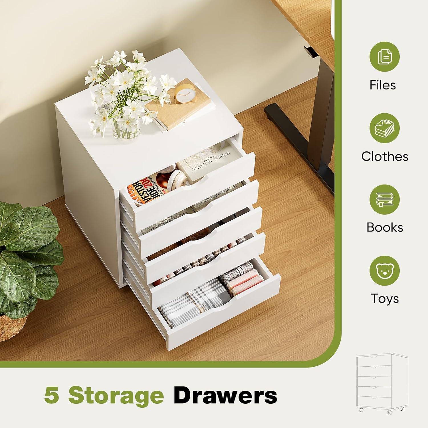 Sweetcrispy 5 Drawer Wooden Dresser, Storage Cabinets, Room Organization | Mobile Rolling Wheels, Vertical Organizer Chest, Home Office Bedroom Furniture, White Wood
