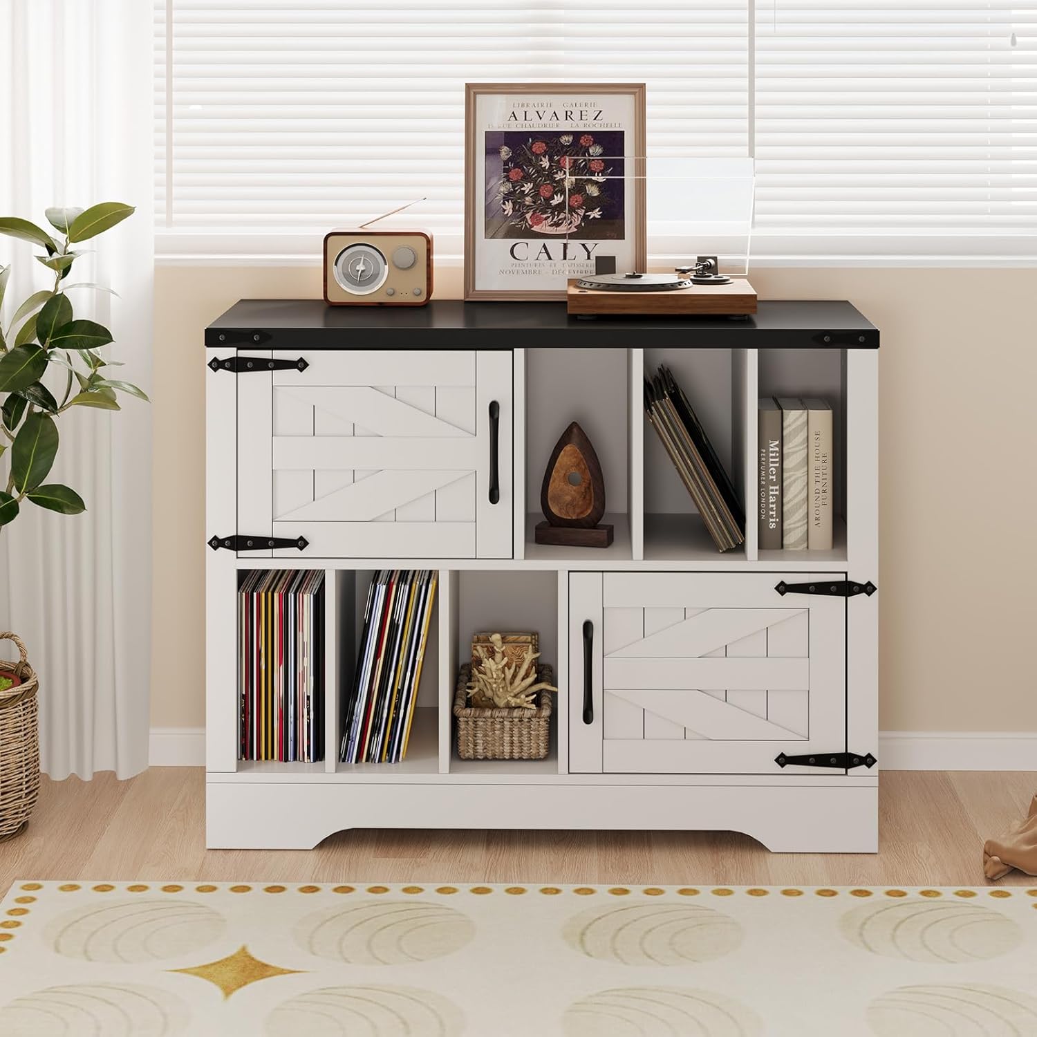 39in Large Record Player Stand with Vinyl Storage, Farmhouse Wood Turntable Cabinet with 2 Barn Doors, Mid-Century Modern Record Storage Holds Up to 450 Albums for Living Room Bedroom- White