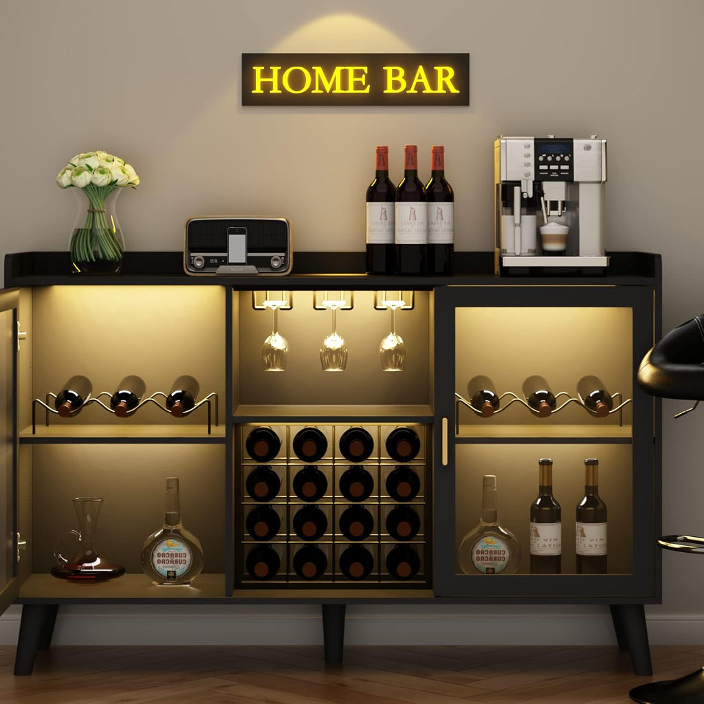 Auromie Wine Bar Cabinet with Led Light, Home Coffee Cabinet with Wine and Glass Rack, Kitchen Buffet Sideboard with Storage Shelves, Freestanding Liquor Cabinet for Living Room, Dining Room (Black)