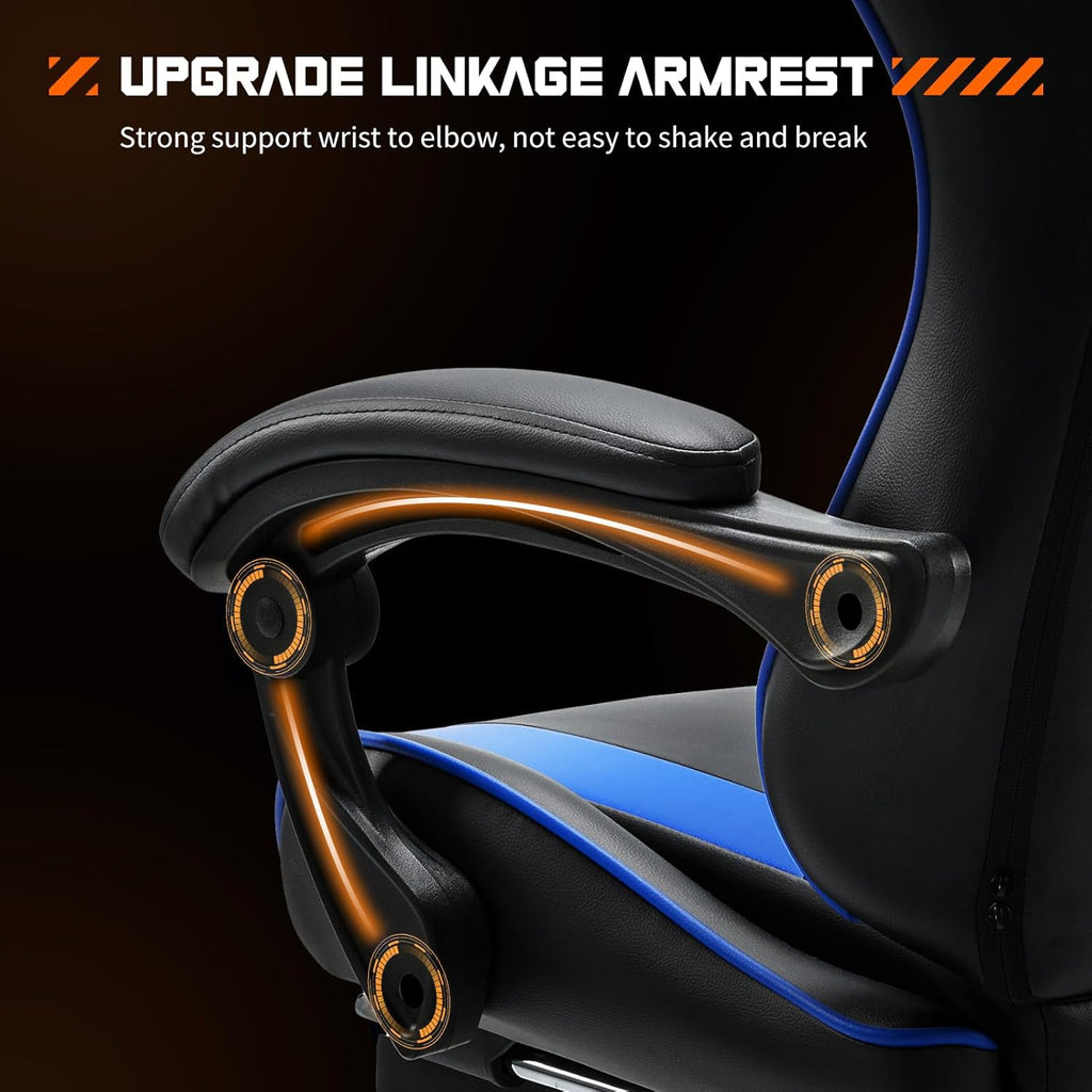Sweetcrispy Video Game Desk Chair - Ergonomic Computer with Footrest and Comfy Lumbar Support, PU Leather Recliner with Headrest, Fixed Up Armrest, Height Adjustable with 360° Swivel, for Adults, Blue