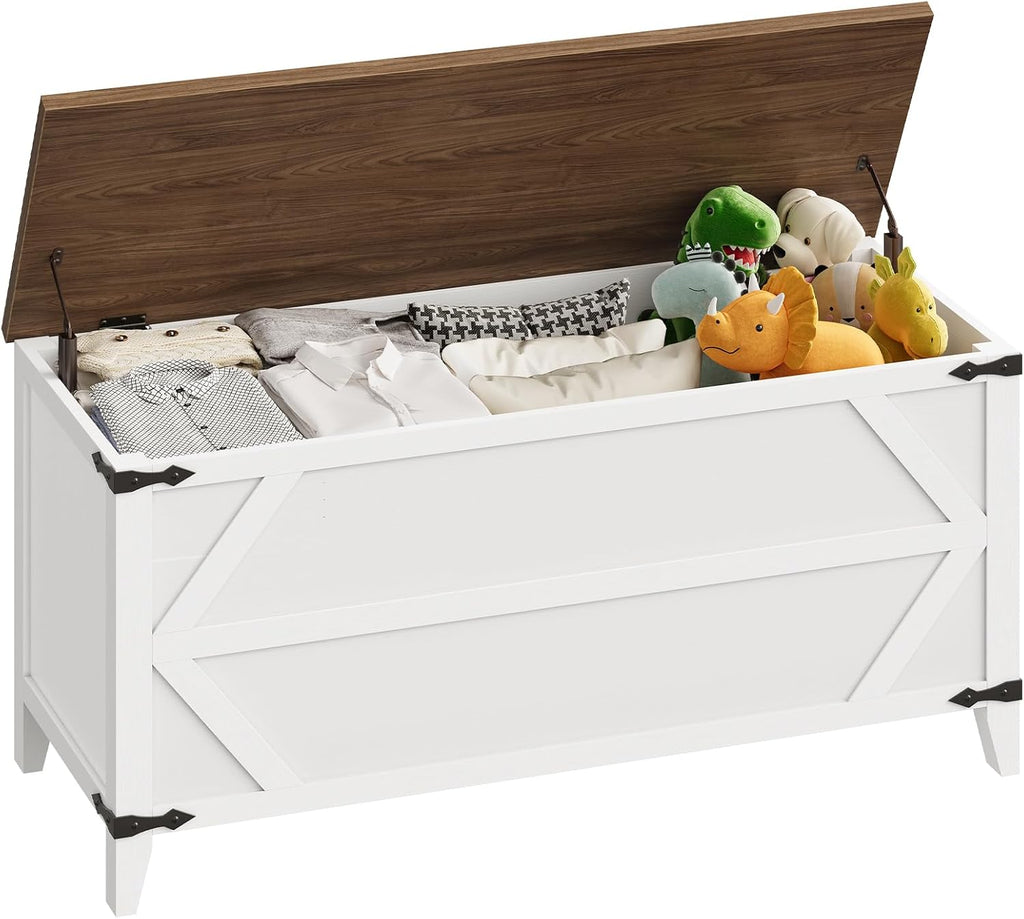 HOOBRO 43.3" Storage Bench, Toy Box with Safety Hinges, Toy Chest Storage, Wooden Storage Bench for Bedroom, Living Room, White and Walnut WH611CW01