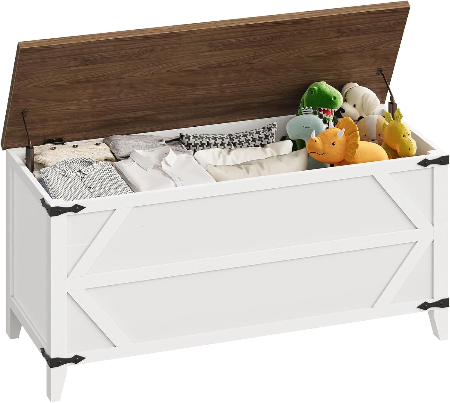 HOOBRO 43.3" Storage Bench, Toy Box with Safety Hinges, Toy Chest Storage, Wooden Storage Bench for Bedroom, Living Room, White and Walnut WH611CW01