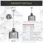 CATINER 16" Extra Large Farmhouse Pendant Light – Hand-Blown Smoked Gray Hammered Glass Shade, Polished Chrome Finish, Adjustable Chain Hanging Light Fixture for Kitchen Island, Dining Room, Hallway