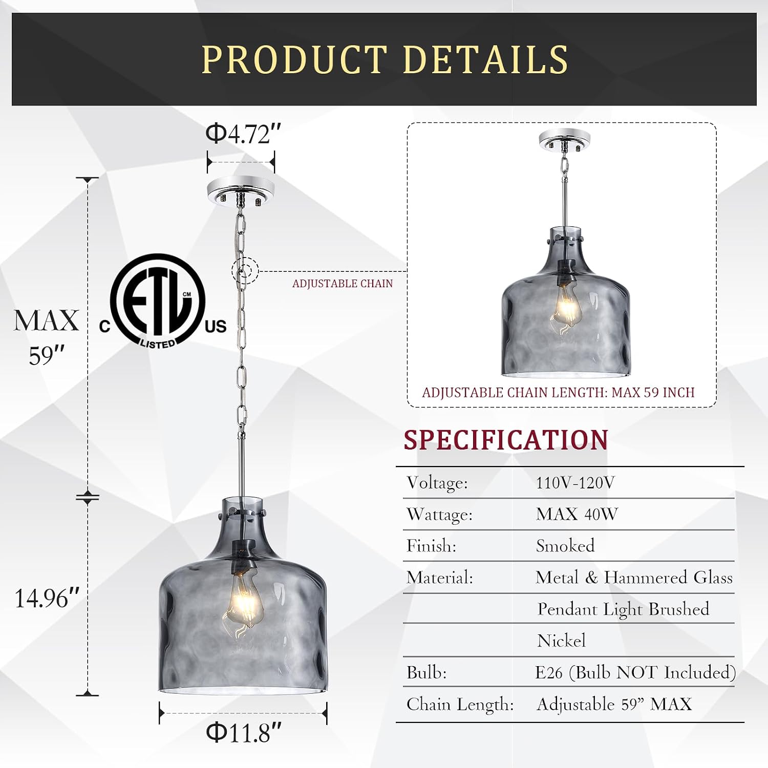 CATINER 16" Extra Large Farmhouse Pendant Light – Hand-Blown Smoked Gray Hammered Glass Shade, Polished Chrome Finish, Adjustable Chain Hanging Light Fixture for Kitchen Island, Dining Room, Hallway