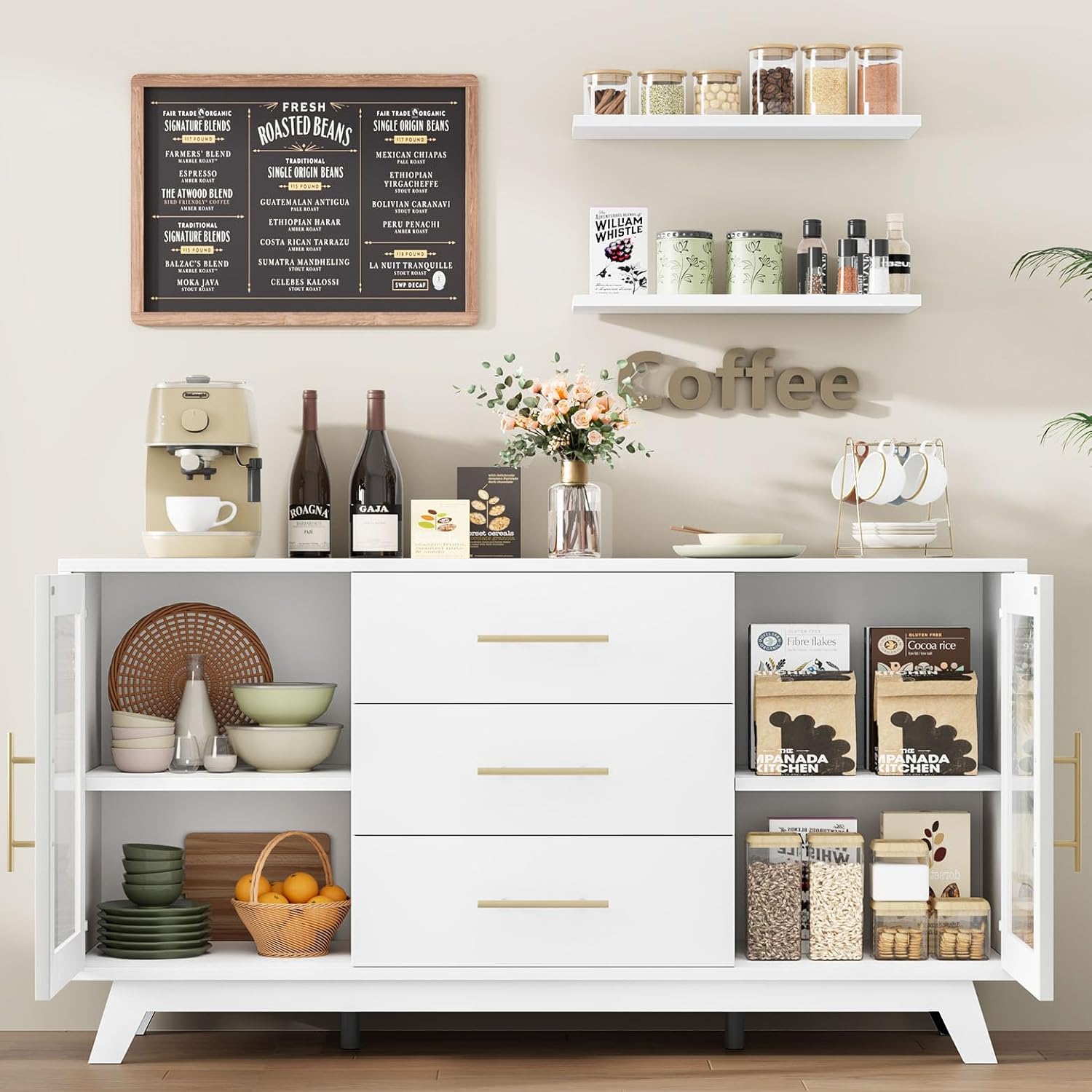 GarveeHome 56 Inch Buffet Cabinet Sideboard with Fluted Glass Doors and Gold Handles, Modern Sideboard Storage Cabinet with Adjustable Shelves, Coffee Bar Table for Kitchen Dining Room Living Room