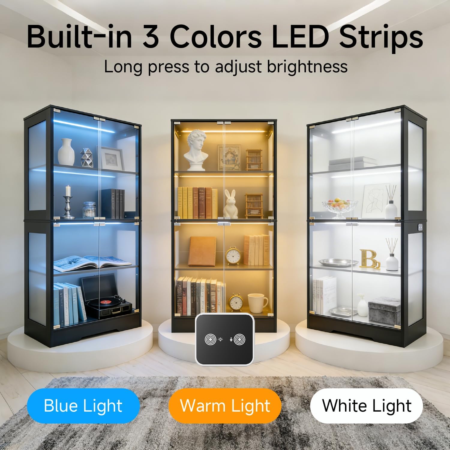 GINGO 2 Pack 5.5 Ft Display Cabinet with Glass Doors, 4-Tier Curio Cabinet W/ 3 Color Lights for Collectibles, Glass Display Case with Human Body Sensor, Bookcase W/ 4 Shelves, Storage Cabinets, Black