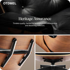 Luxury Top Black Grain Leather Mid Century Chaise Lounge Chair with Ottoman, Premium Handcrafted Walnut Wood, Ergonomic Modern Accent Chair for Living Room Office