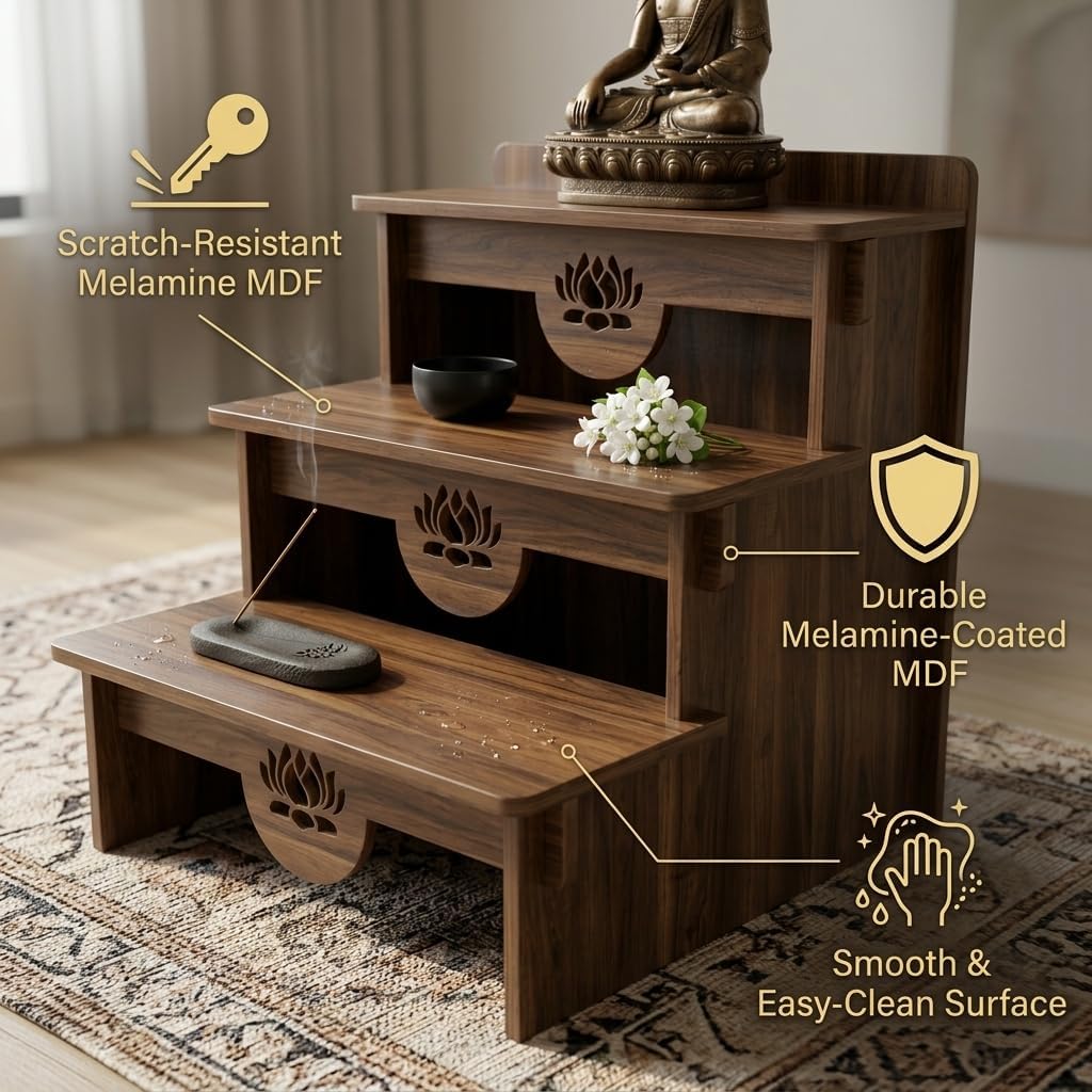 3-Tier Buddhist Altar Table for Prayer & Meditation, Zen Style Wooden Shrine Cabinet with Storage Drawer, MDF Melamine Home Worship Table 23.2 x 24.4 x 26.8 in (59 x 62 x 68 cm) (Walnut)