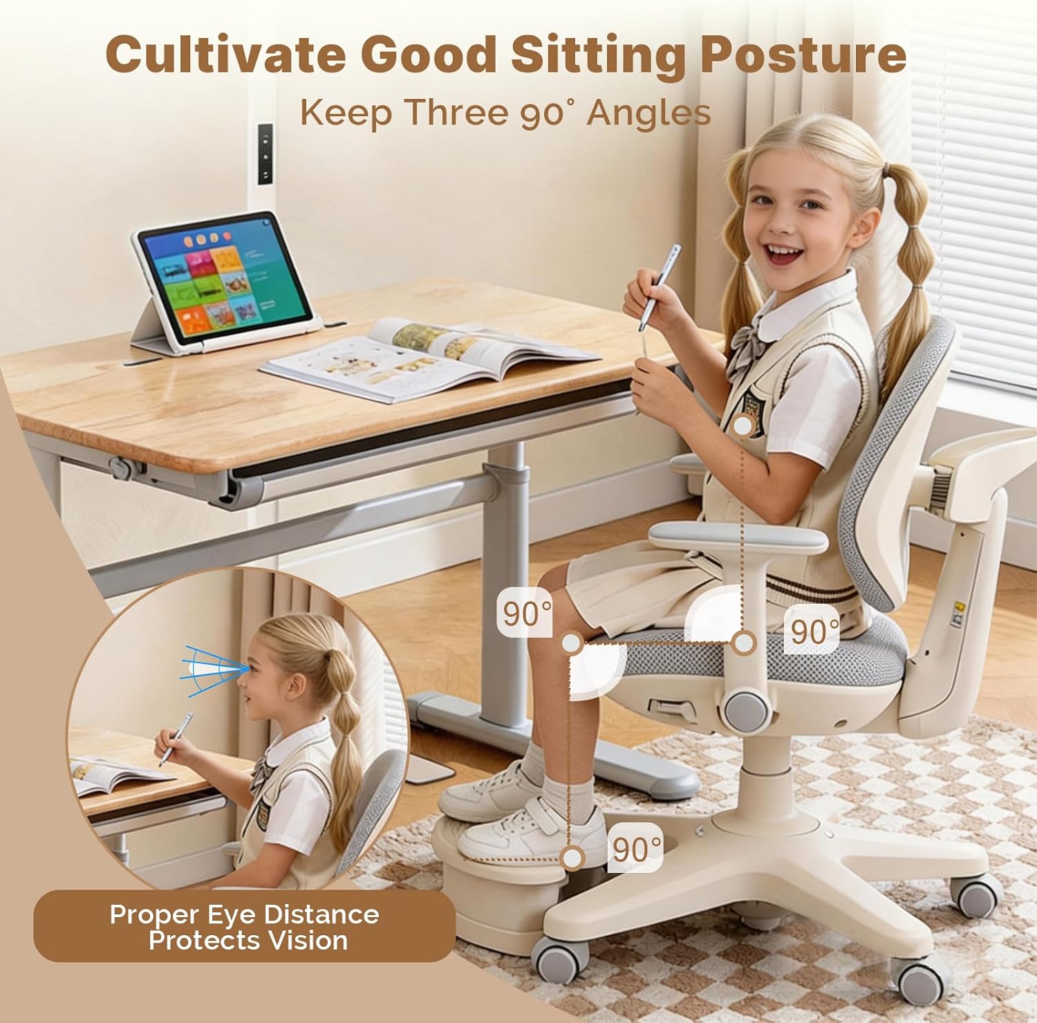 Ergonomic Kids Desk Chair with Adaptive Back Support, Adjustable Footrest, and 90° Flip-Up Armrests — Breathable Study Chair for Ages 3-12, Fits Home Office and Bedroom
