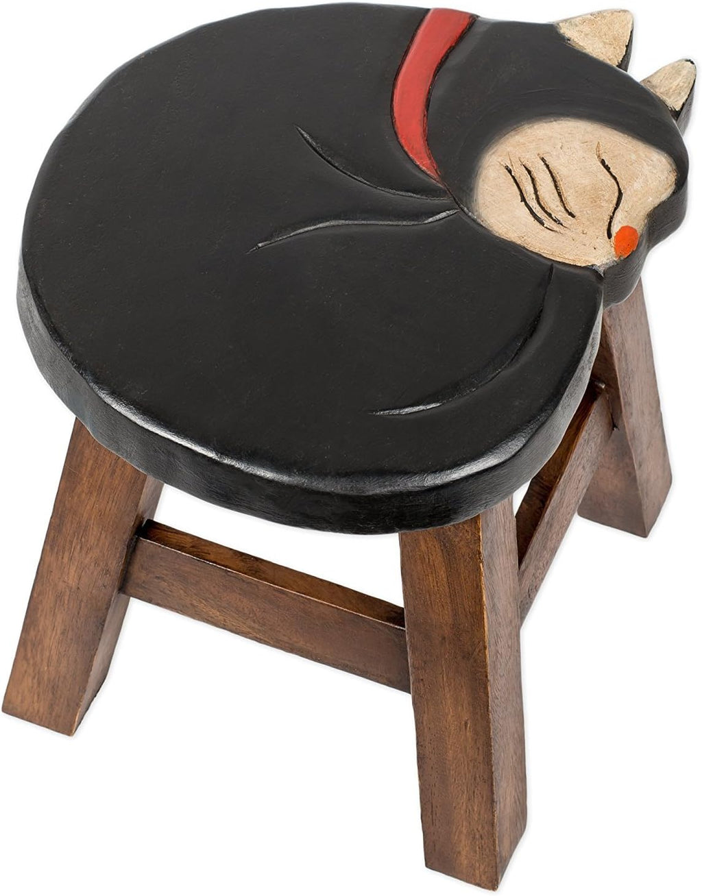 Tuxedo Cat Design Hand Carved Acacia Hardwood Decorative Short Stool