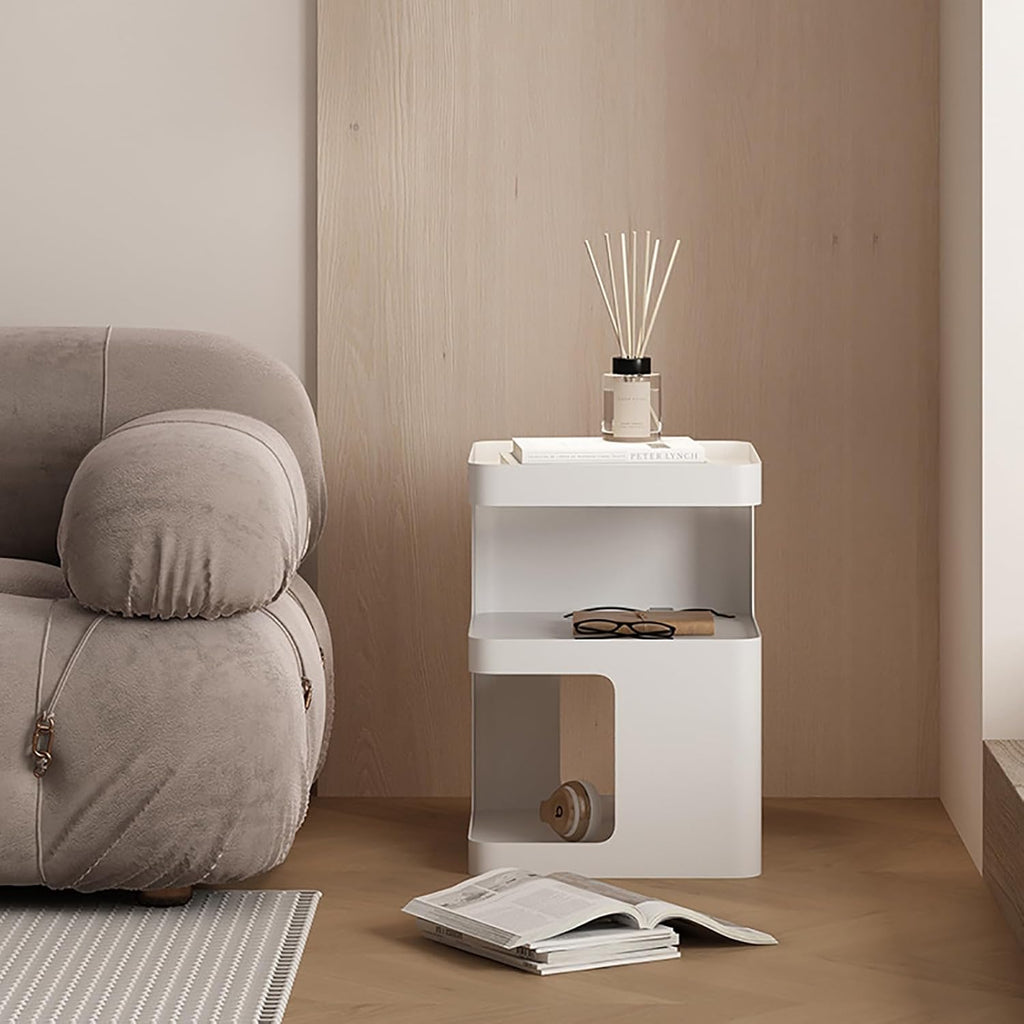 No Assembly Side Table, Modern 3-Tier Carbon Steel Side Table for Living Room Bedroom, Unique Geometric End Table Nightstand with Storage, Sturdy Sofa Table for Small Spaces (Cream White, Medium)