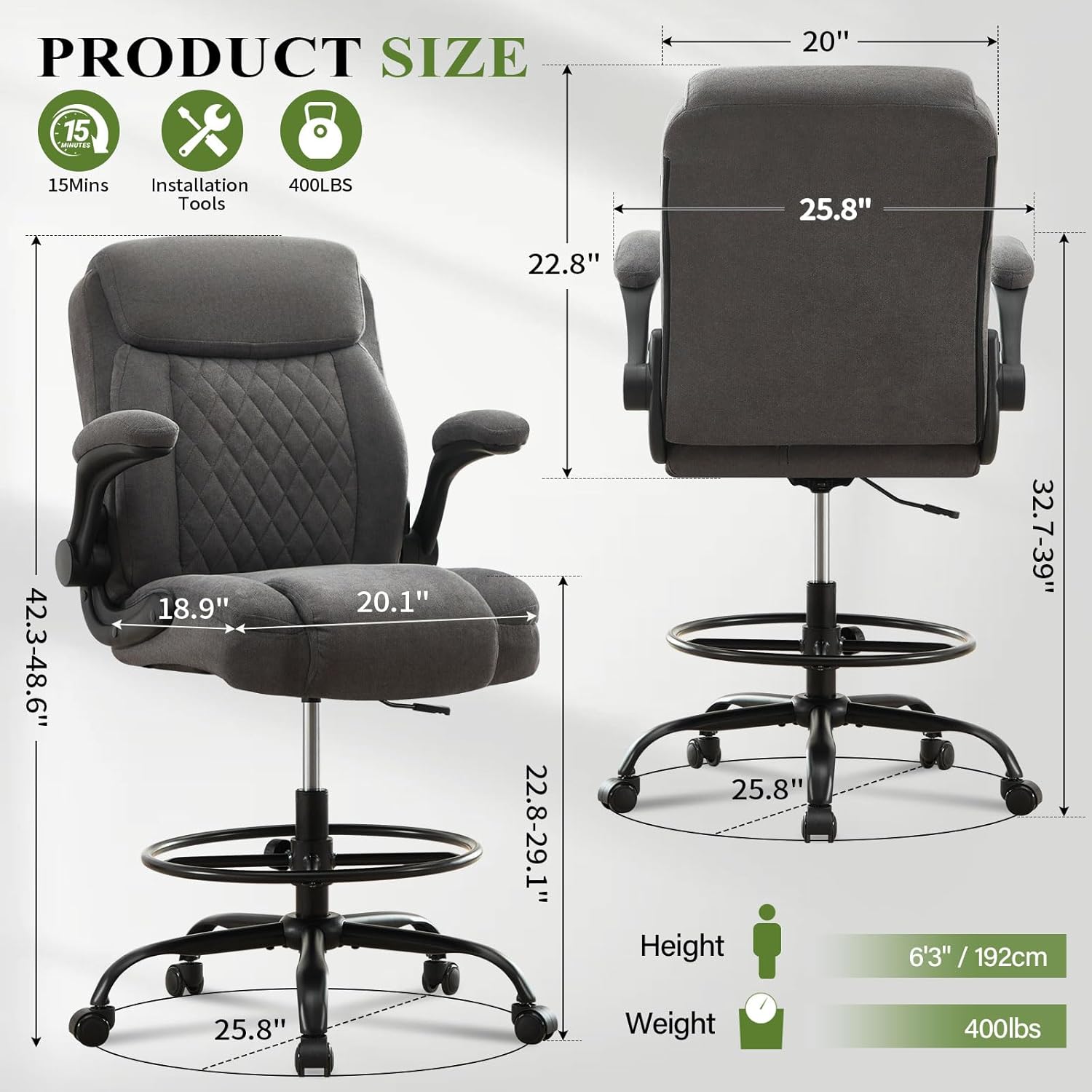 Drafting Chair Tall Office Chair for Standing Desk, Ergonomic Tall Desk Chair with Adjustable Foot Ring, Flip-Up Armrests, Lumbar Support, Comfortable Fabric Seat – Ideal for Home and Office Use