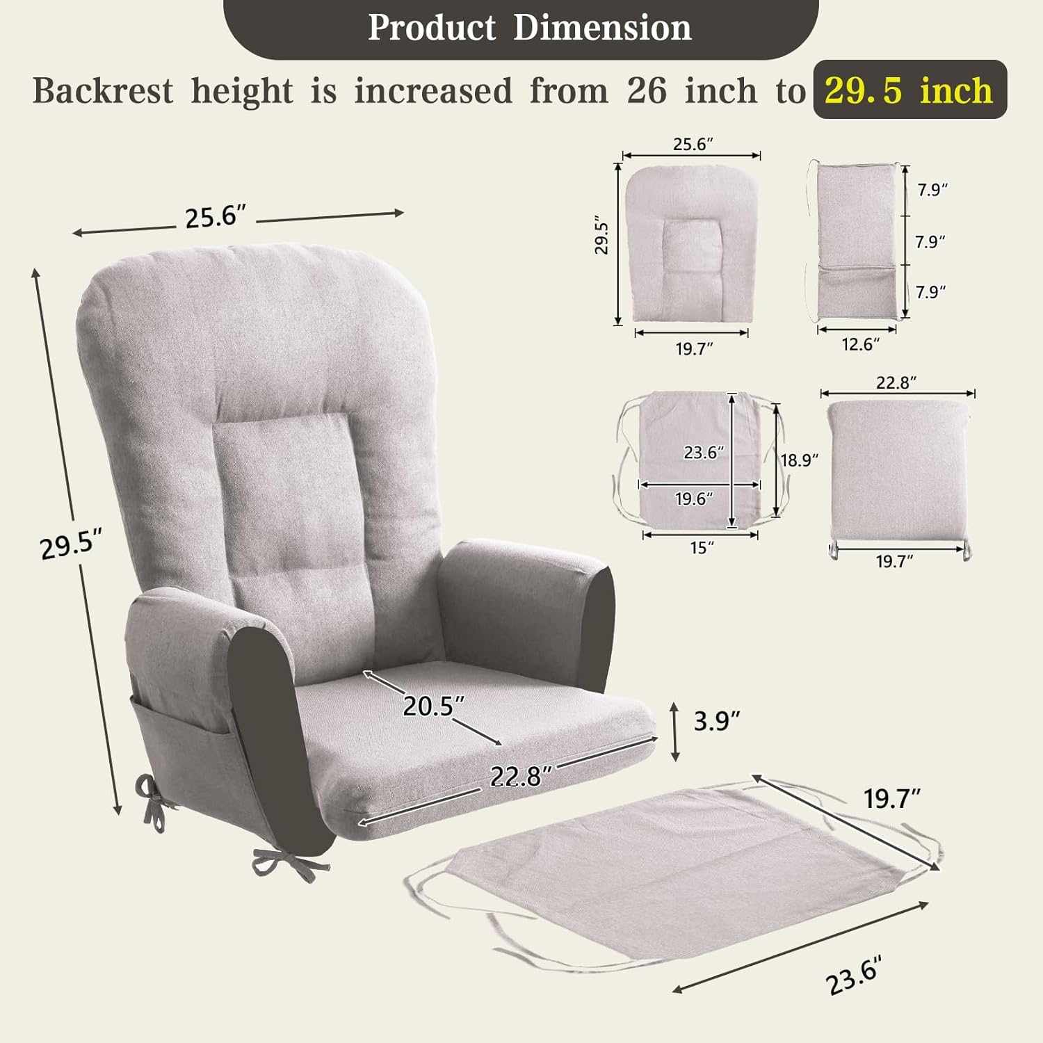 ANMINY 5pcs Glider Rocker Replacement Cushions Set - Thickened Glider Rocking Chair Cushions with 29.5 inch High Backrest & Side Pockets for Indoor Nursery, Washable & Non Slip, Beige