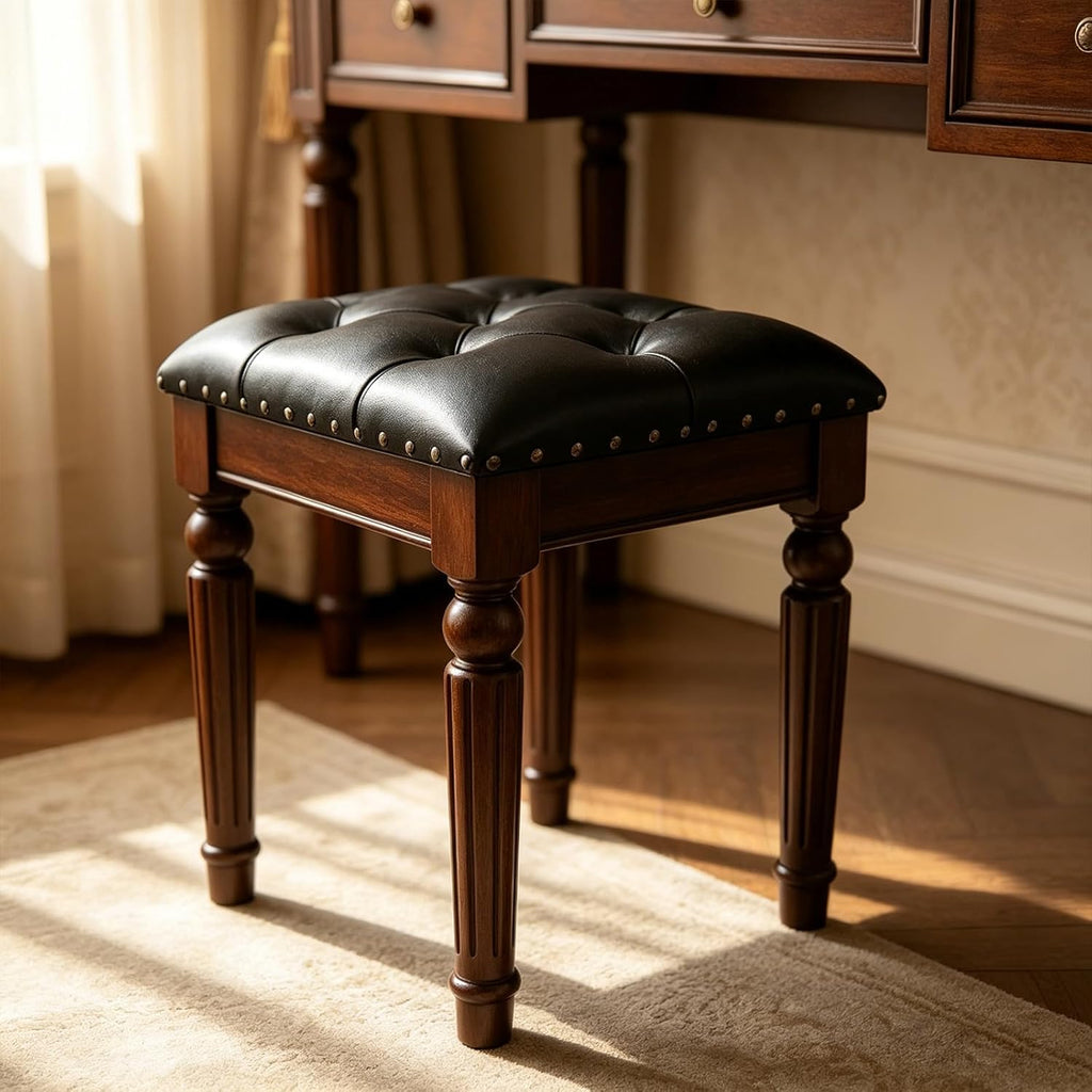 Black Faux Leather Vanity Stool | Small Tufted Bench, Nailhead Trim, Leatherette Seat, Carved Walnut-Finish Solid Wood Legs, Backless Makeup Stool