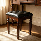 Black Faux Leather Vanity Stool | Small Tufted Bench, Nailhead Trim, Leatherette Seat, Carved Walnut-Finish Solid Wood Legs, Backless Makeup Stool