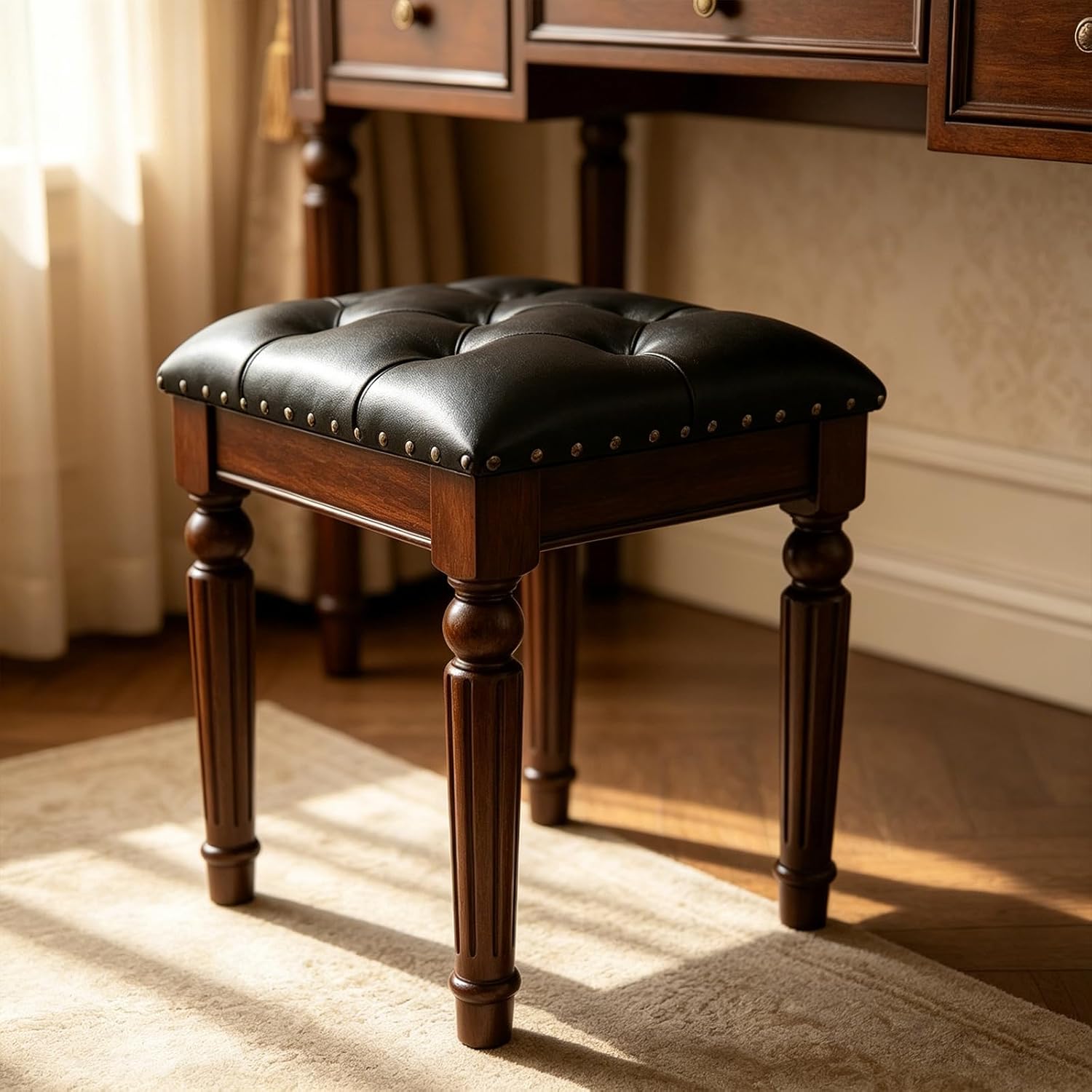 Black Faux Leather Vanity Stool | Small Tufted Bench, Nailhead Trim, Leatherette Seat, Carved Walnut-Finish Solid Wood Legs, Backless Makeup Stool