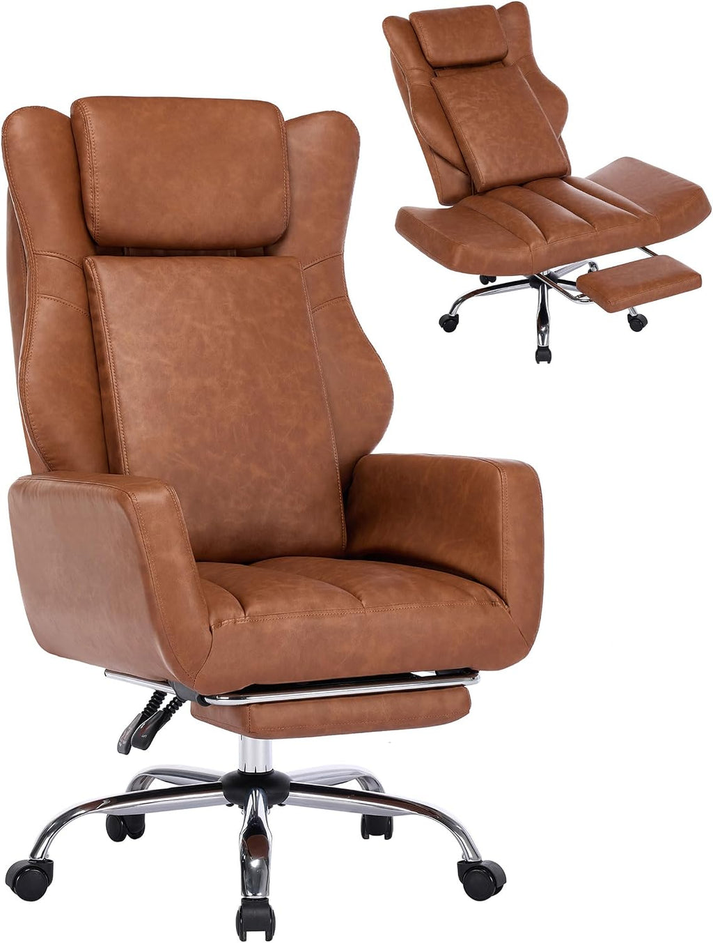 DYHOME Criss Cross Office Chair with Footrest, Executive Ergonomic Flip-Up Armrest Chair, Adjustable Reclining Computer Desk Chair for Working, Gaming, Relaxing, Brown PU Leather